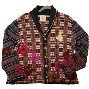 Nan Hadden Woolies Handknits embroidery Floral Plaid Cardigan Sweater W/chick L